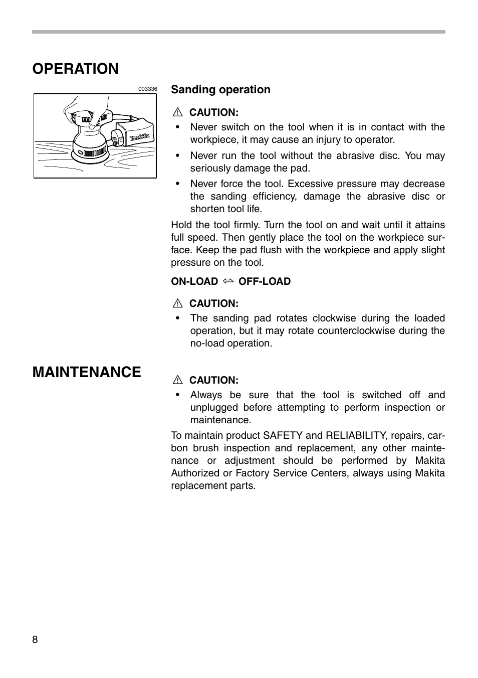 Operation, Maintenance | Makita BO5011 User Manual | Page 8 / 16