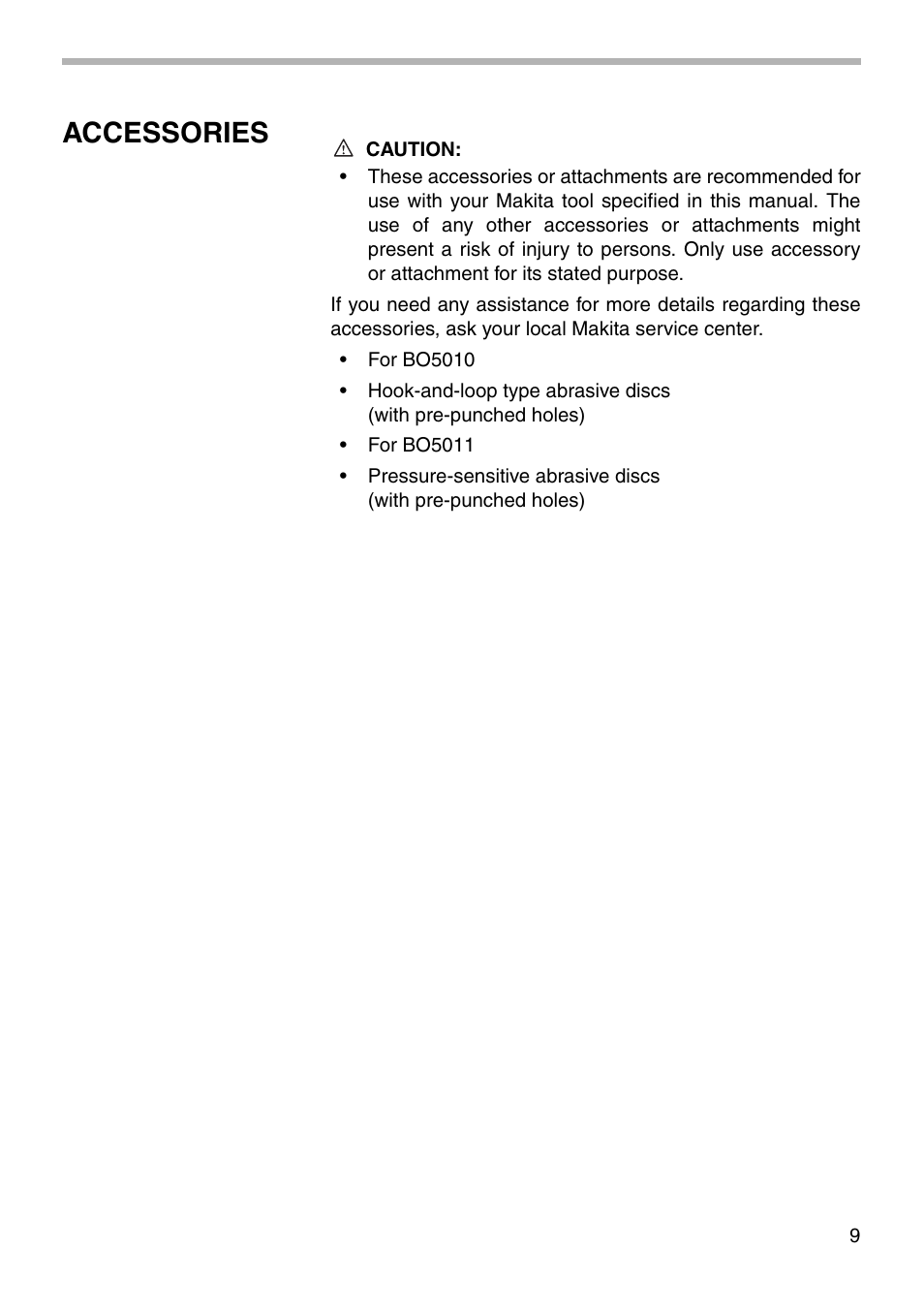 Accessories | Makita BO5011 User Manual | Page 9 / 16