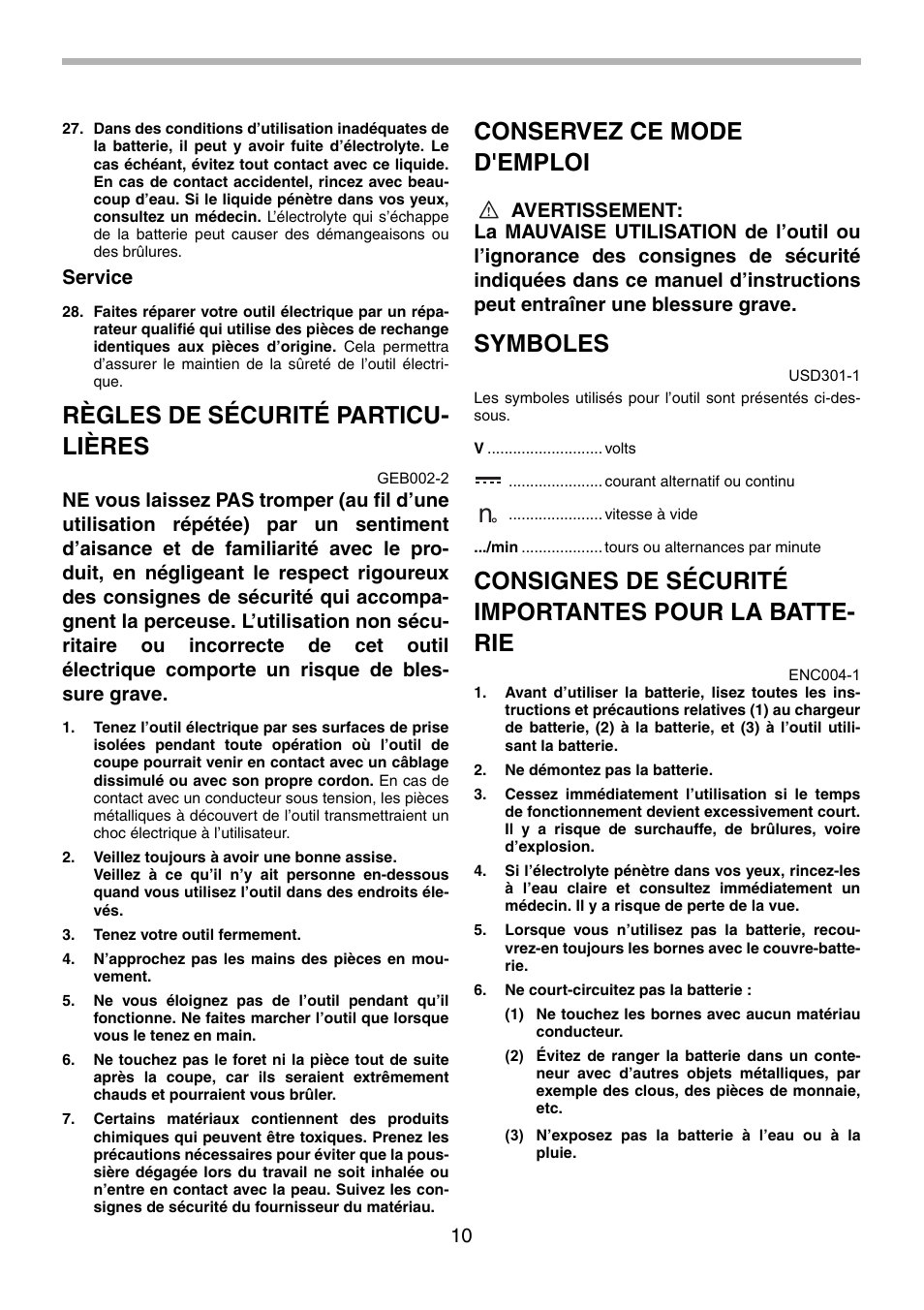 Règles de sécurité particu- lières, Conservez ce mode d'emploi, Symboles | Service | Makita 6260D User Manual | Page 10 / 24