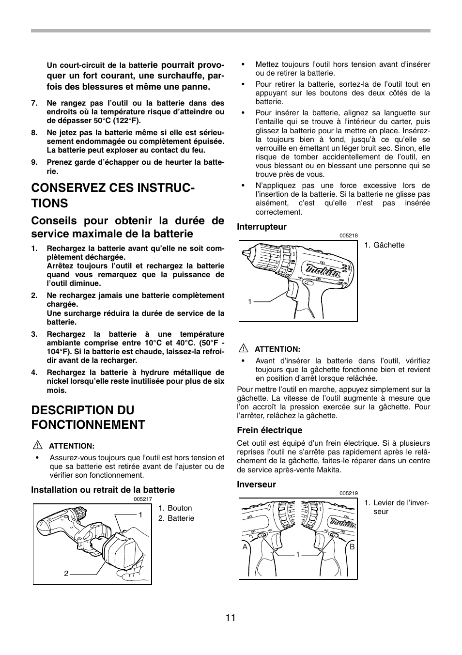 Conservez ces instruc- tions, Description du fonctionnement | Makita 6260D User Manual | Page 11 / 24