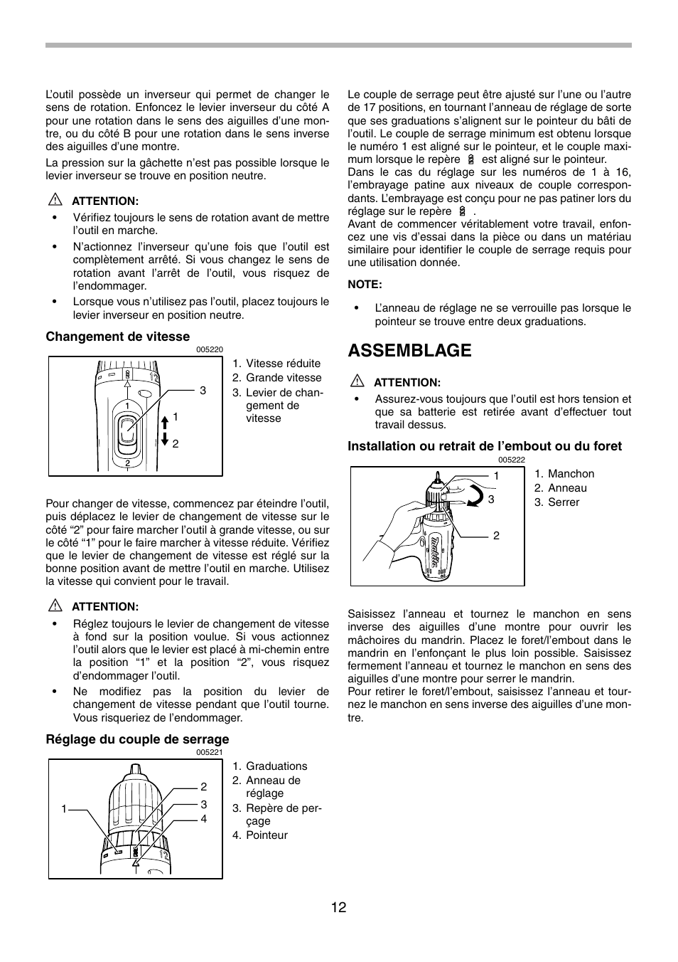 Assemblage | Makita 6260D User Manual | Page 12 / 24