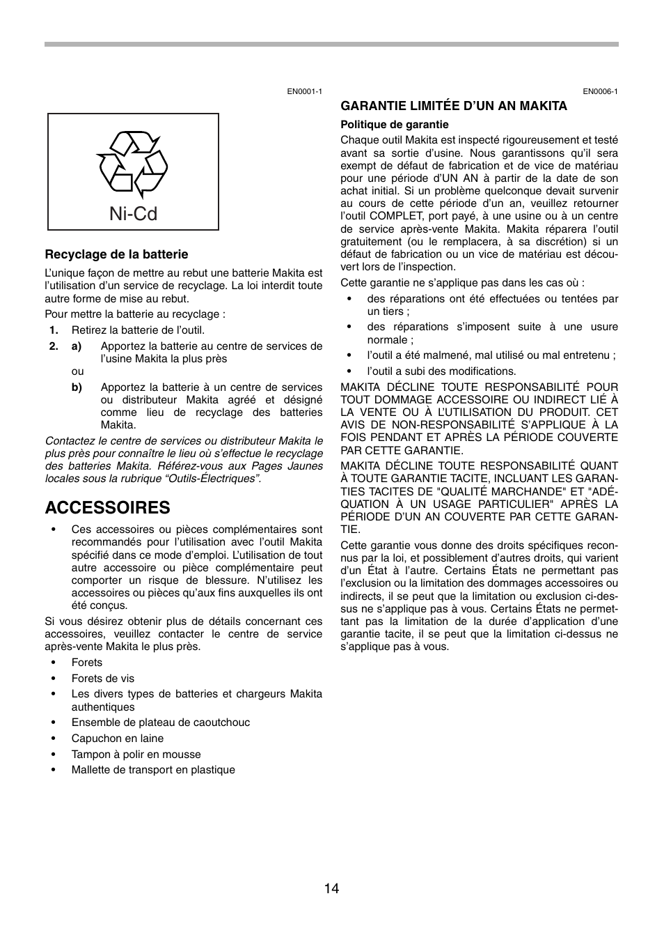 Ni-cd, Accessoires | Makita 6260D User Manual | Page 14 / 24