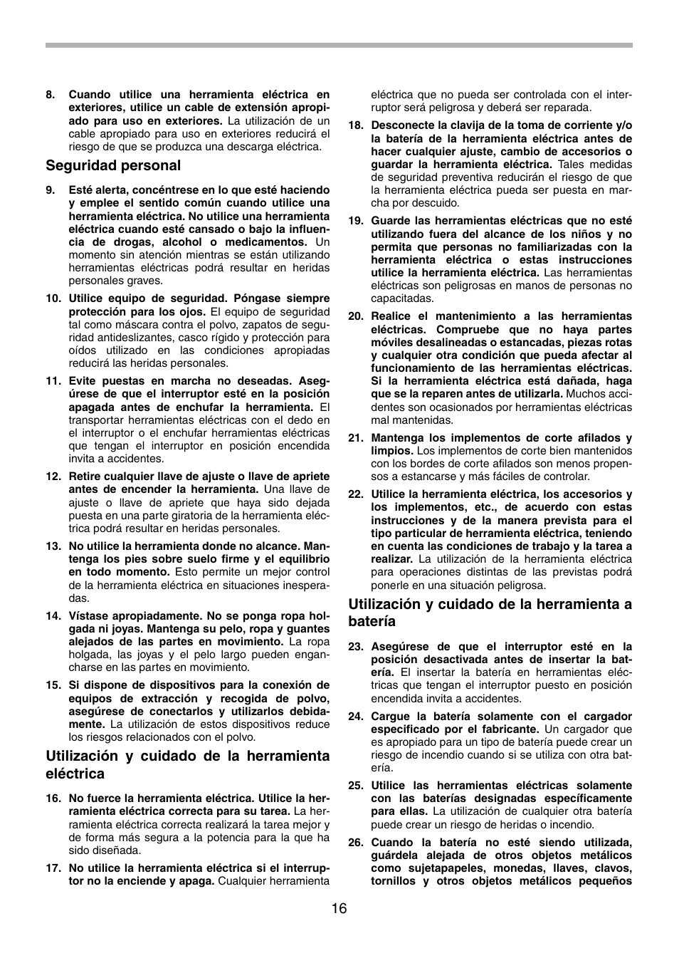 Seguridad personal, Utilización y cuidado de la herramienta eléctrica, Utilización y cuidado de la herramienta a batería | Makita 6260D User Manual | Page 16 / 24