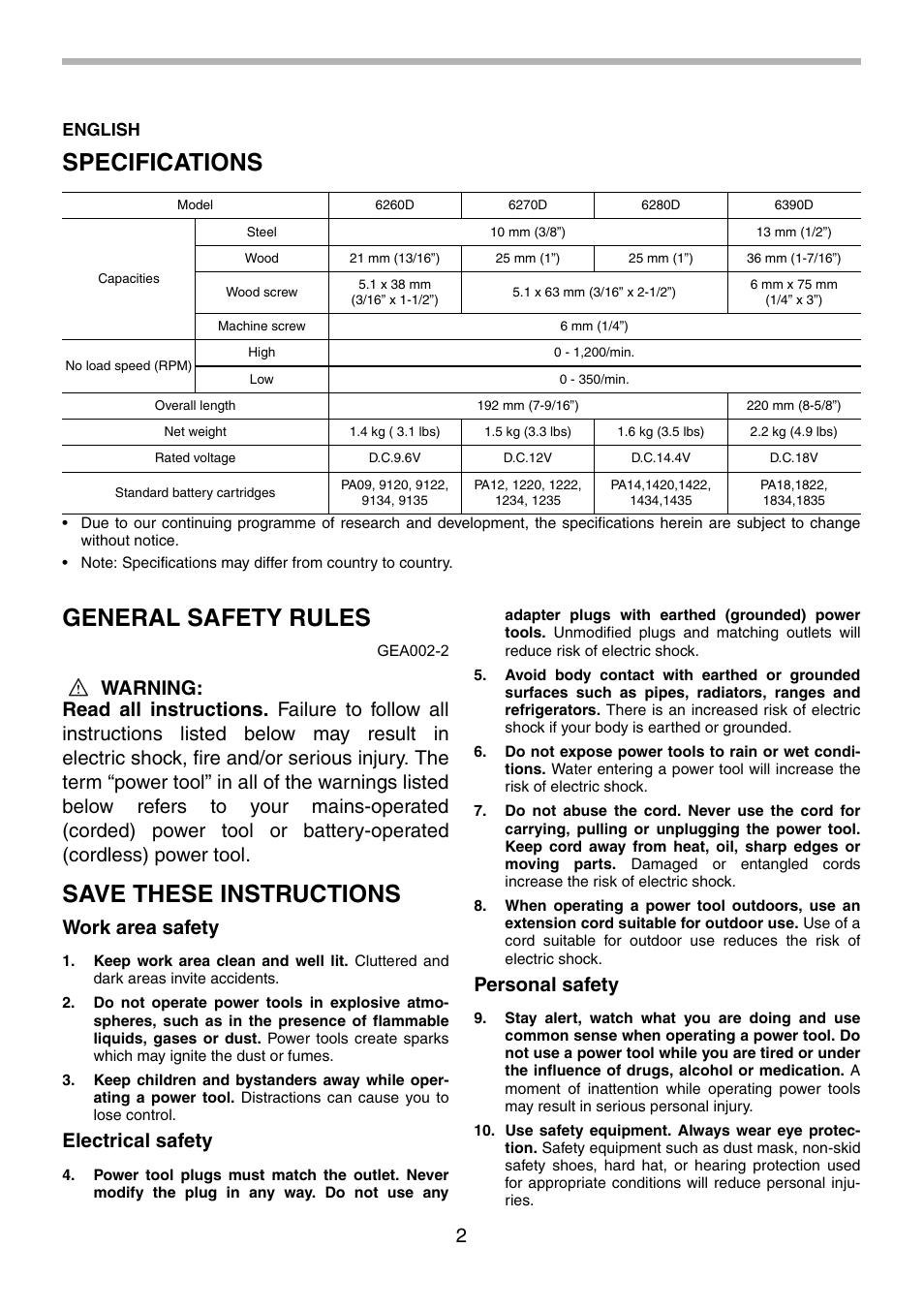 Specifications, General safety rules, Save these instructions | Work area safety, Electrical safety, Personal safety, English | Makita 6260D User Manual | Page 2 / 24