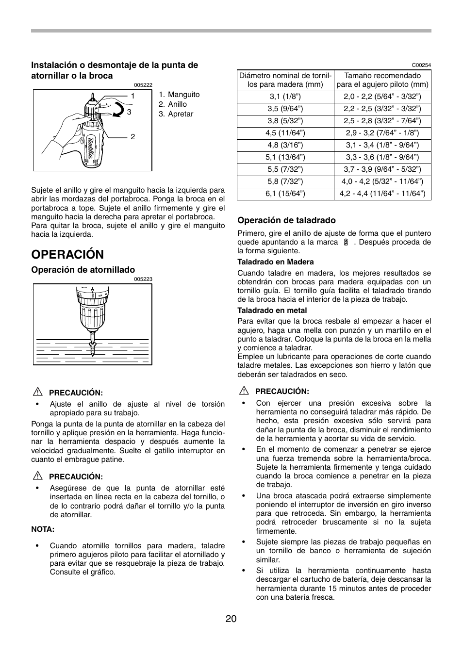 Operación | Makita 6260D User Manual | Page 20 / 24