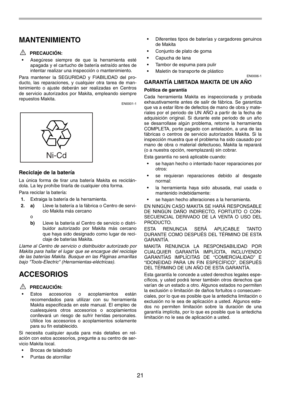 Ni-cd, Mantenimiento, Accesorios | Makita 6260D User Manual | Page 21 / 24