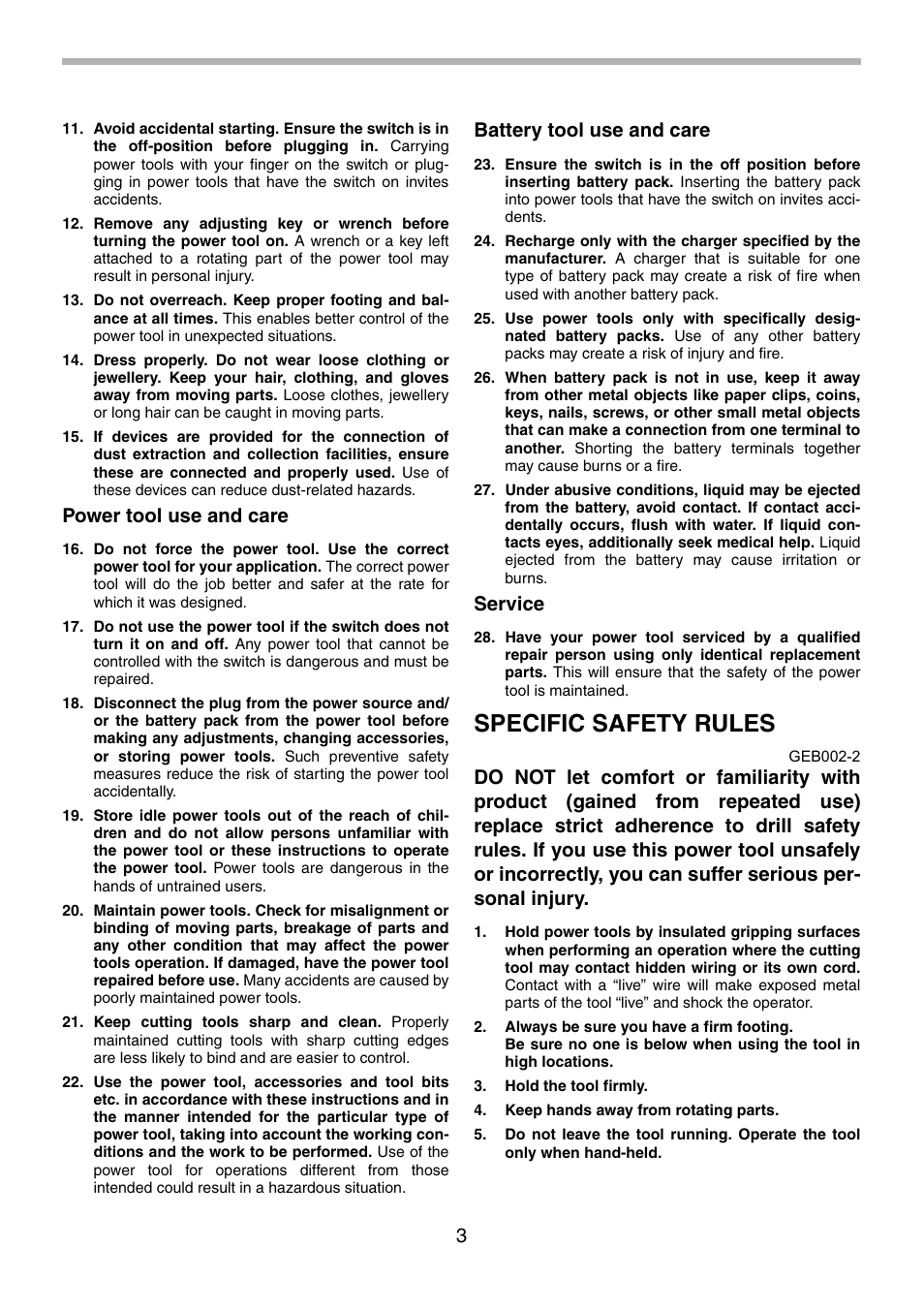 Specific safety rules, Power tool use and care, Battery tool use and care | Service | Makita 6260D User Manual | Page 3 / 24