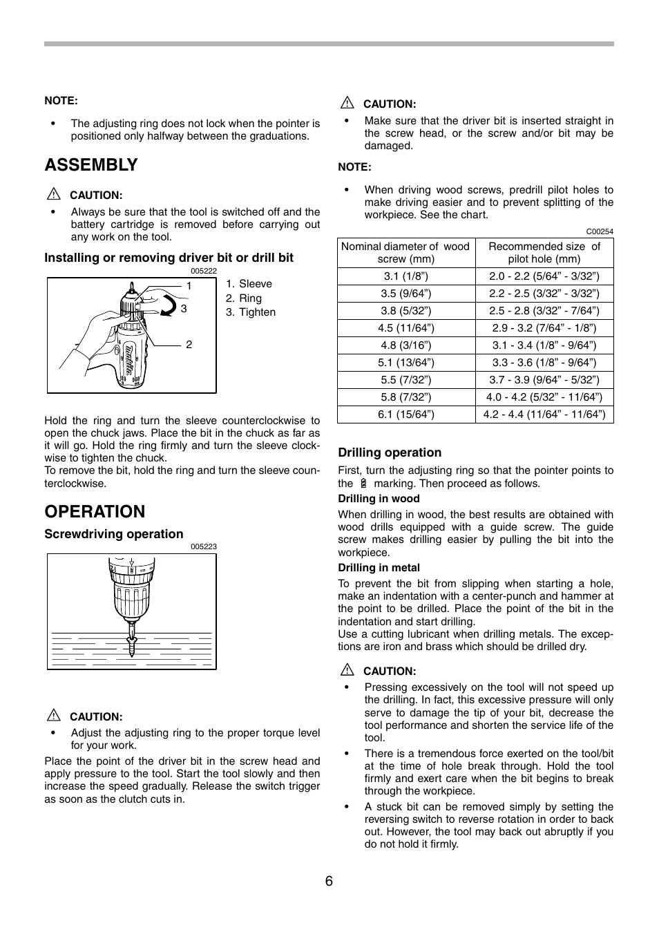 Assembly, Operation | Makita 6260D User Manual | Page 6 / 24