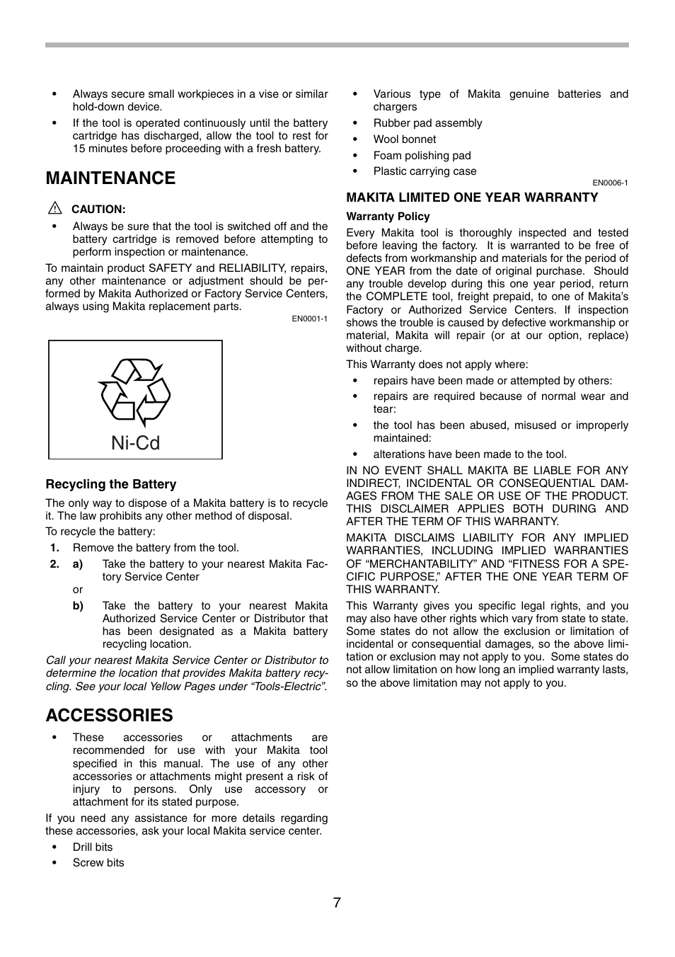 Ni-cd, Maintenance, Accessories | Makita 6260D User Manual | Page 7 / 24