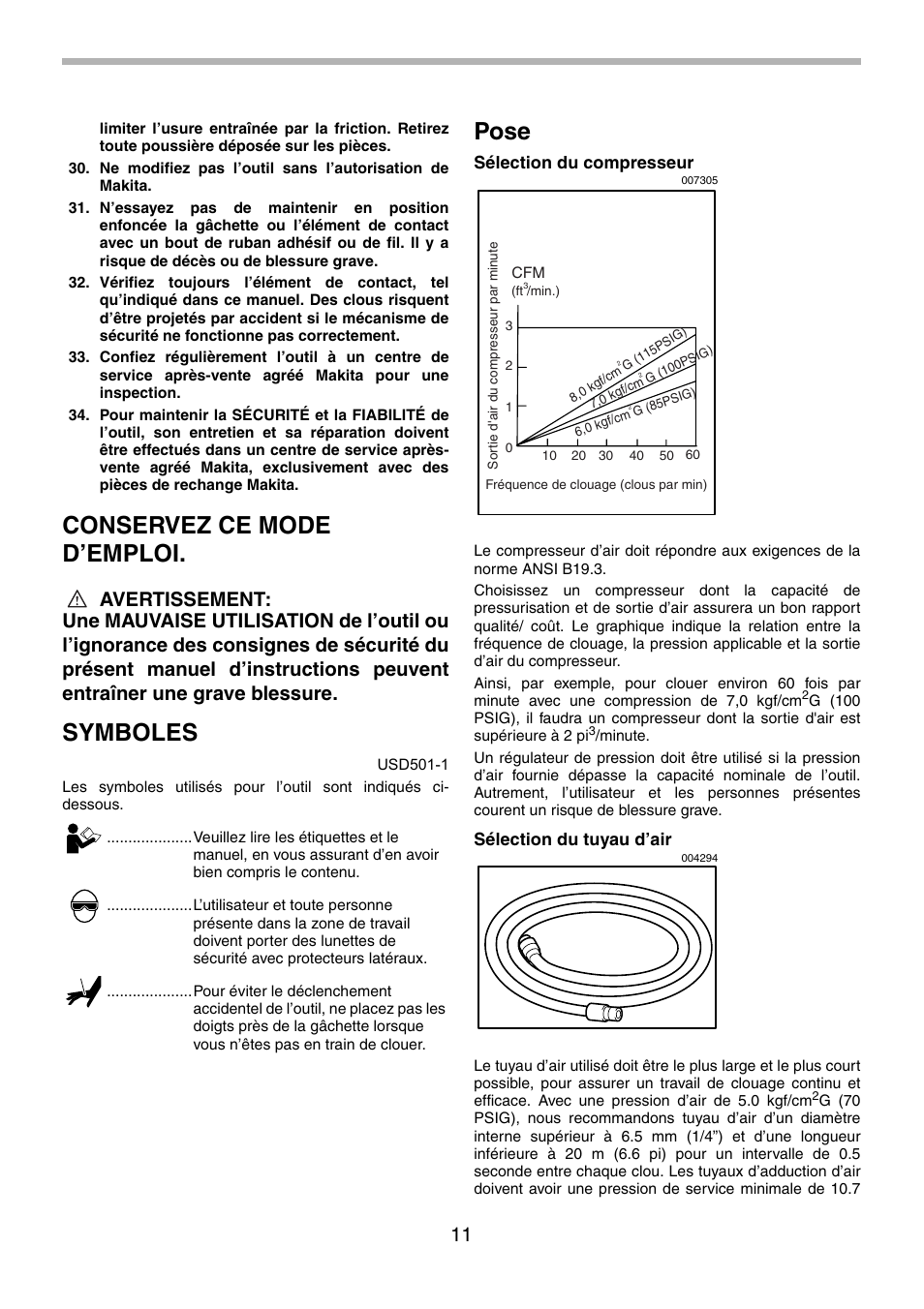 Conservez ce mode d’emploi, Symboles, Pose | Sélection du compresseur, Sélection du tuyau d’air | Makita AF505 User Manual | Page 11 / 28