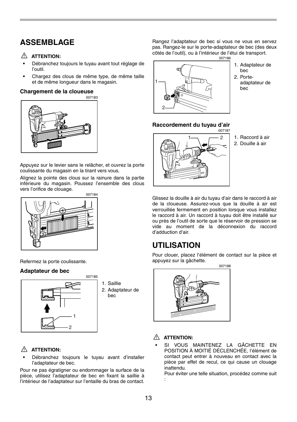 Assemblage, Utilisation | Makita AF505 User Manual | Page 13 / 28