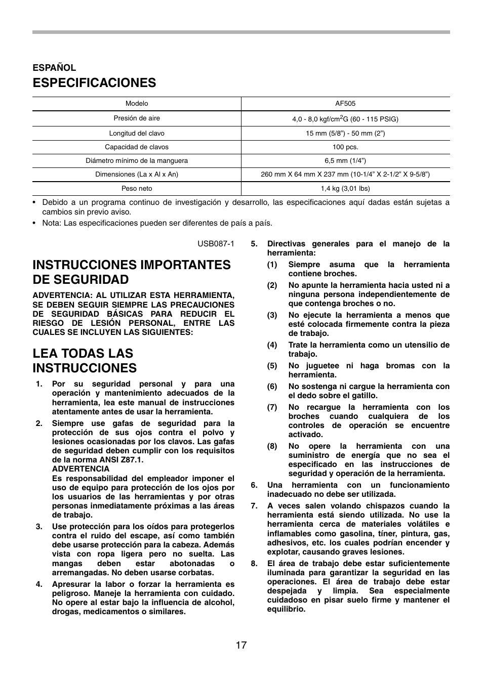 Especificaciones, Instrucciones importantes de seguridad, Lea todas las instrucciones | Makita AF505 User Manual | Page 17 / 28