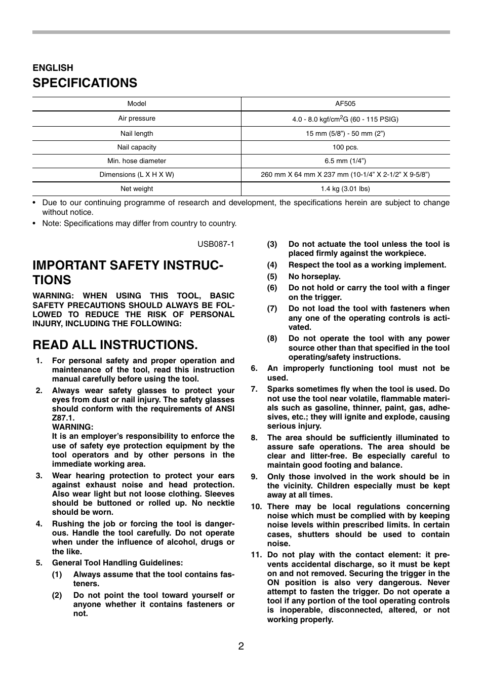 Specifications, Important safety instruc- tions, Read all instructions | Makita AF505 User Manual | Page 2 / 28