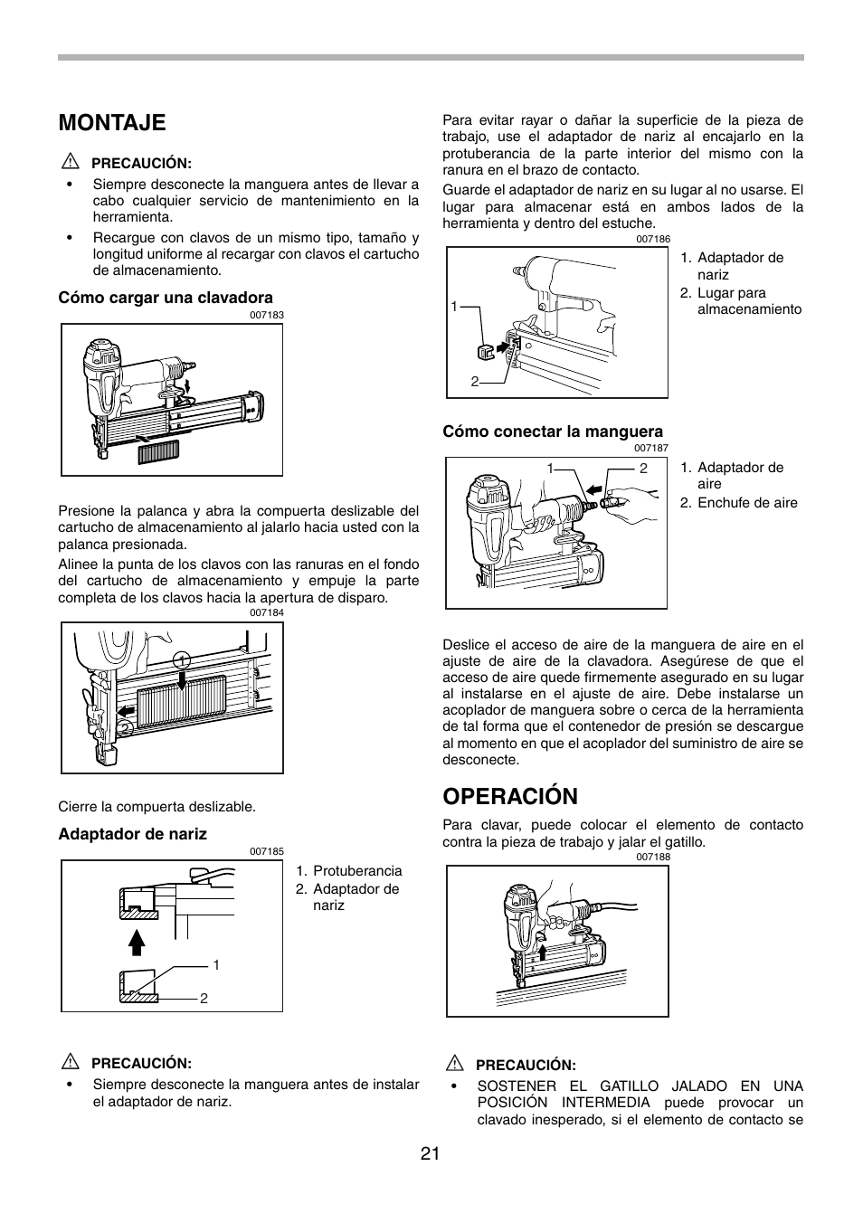 Montaje, Operación | Makita AF505 User Manual | Page 21 / 28