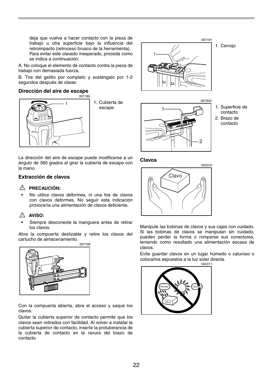 Dirección del aire de escape, Extracción de clavos, Clavos | Clavo | Makita AF505 User Manual | Page 22 / 28