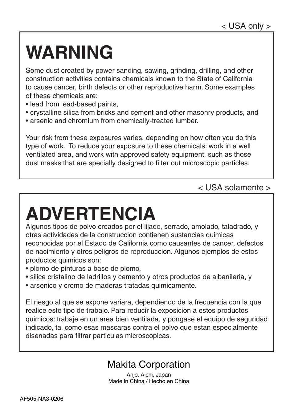 Warning, Advertencia | Makita AF505 User Manual | Page 28 / 28