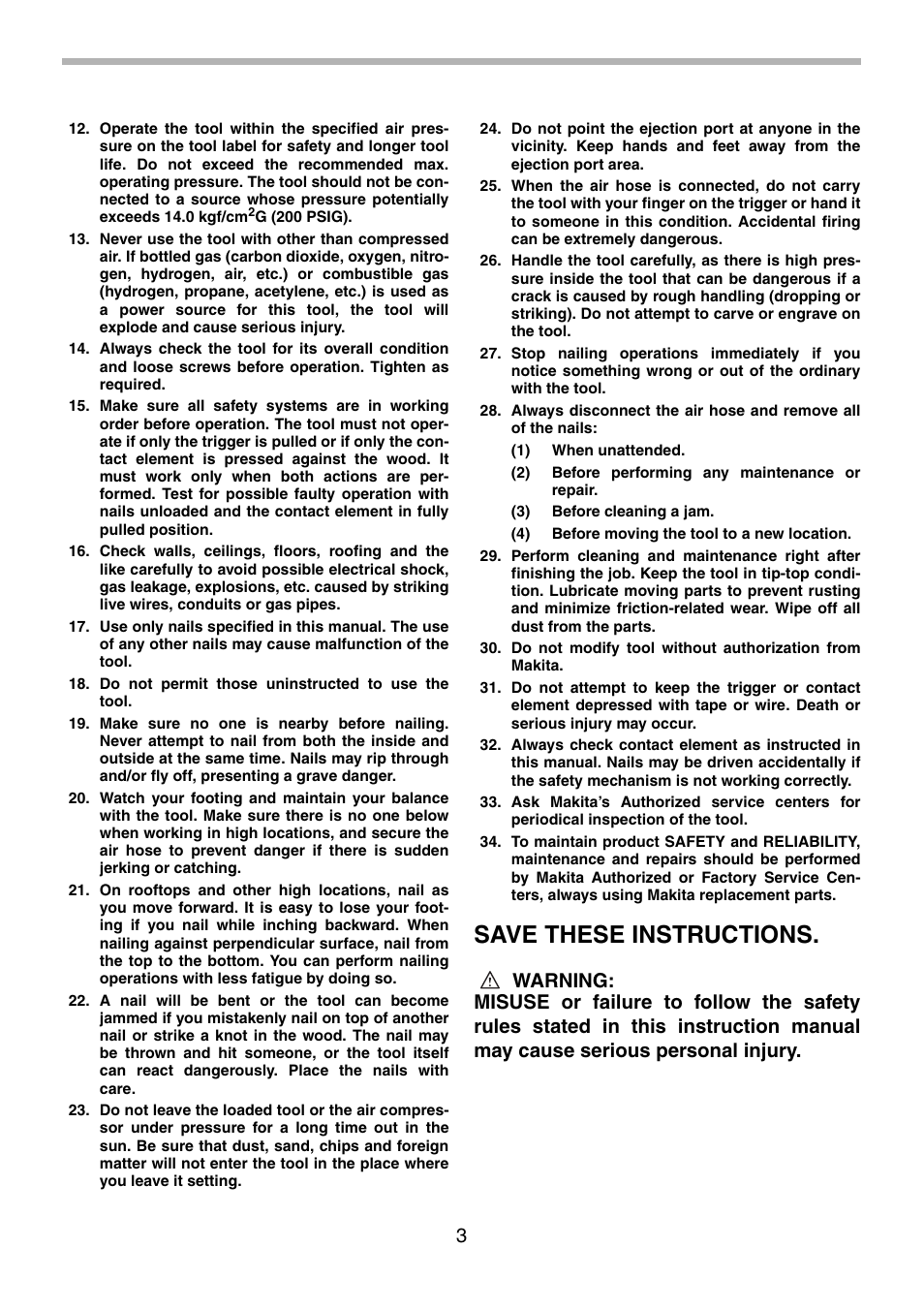 Save these instructions | Makita AF505 User Manual | Page 3 / 28