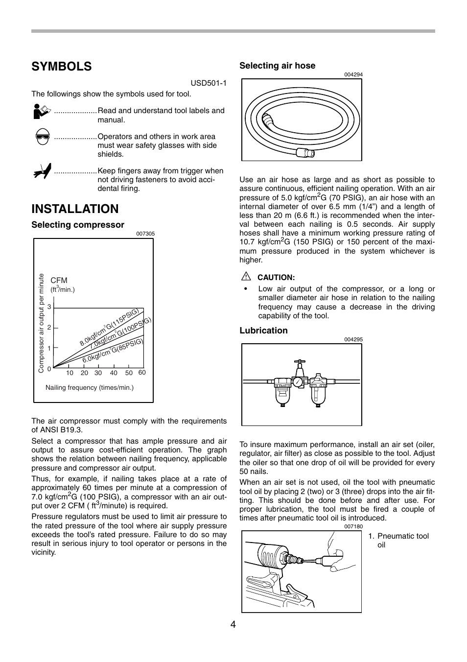 Symbols, Installation, Selecting compressor | Selecting air hose, Lubrication | Makita AF505 User Manual | Page 4 / 28