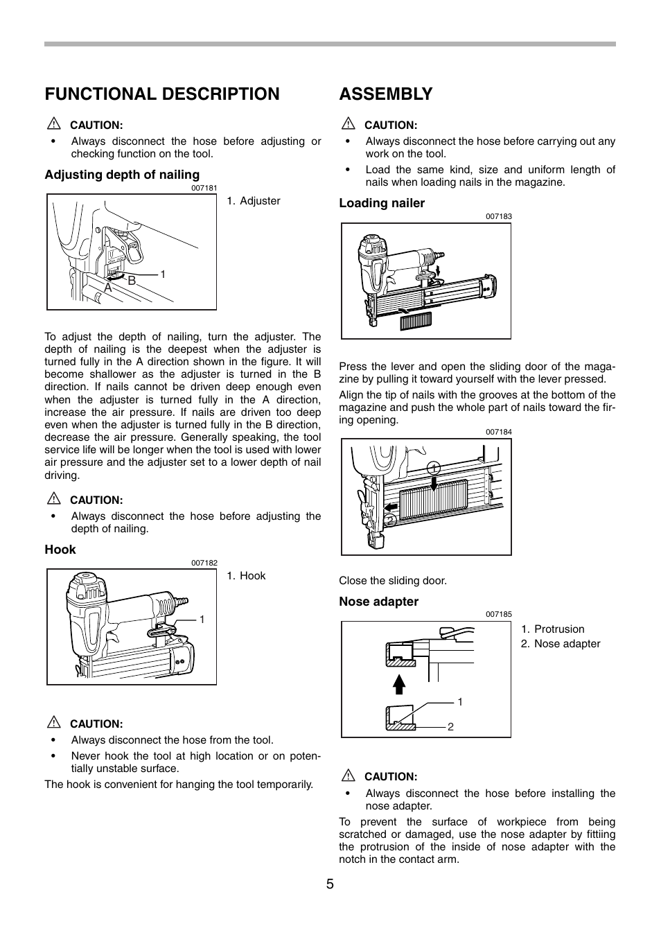 Functional description, Assembly | Makita AF505 User Manual | Page 5 / 28