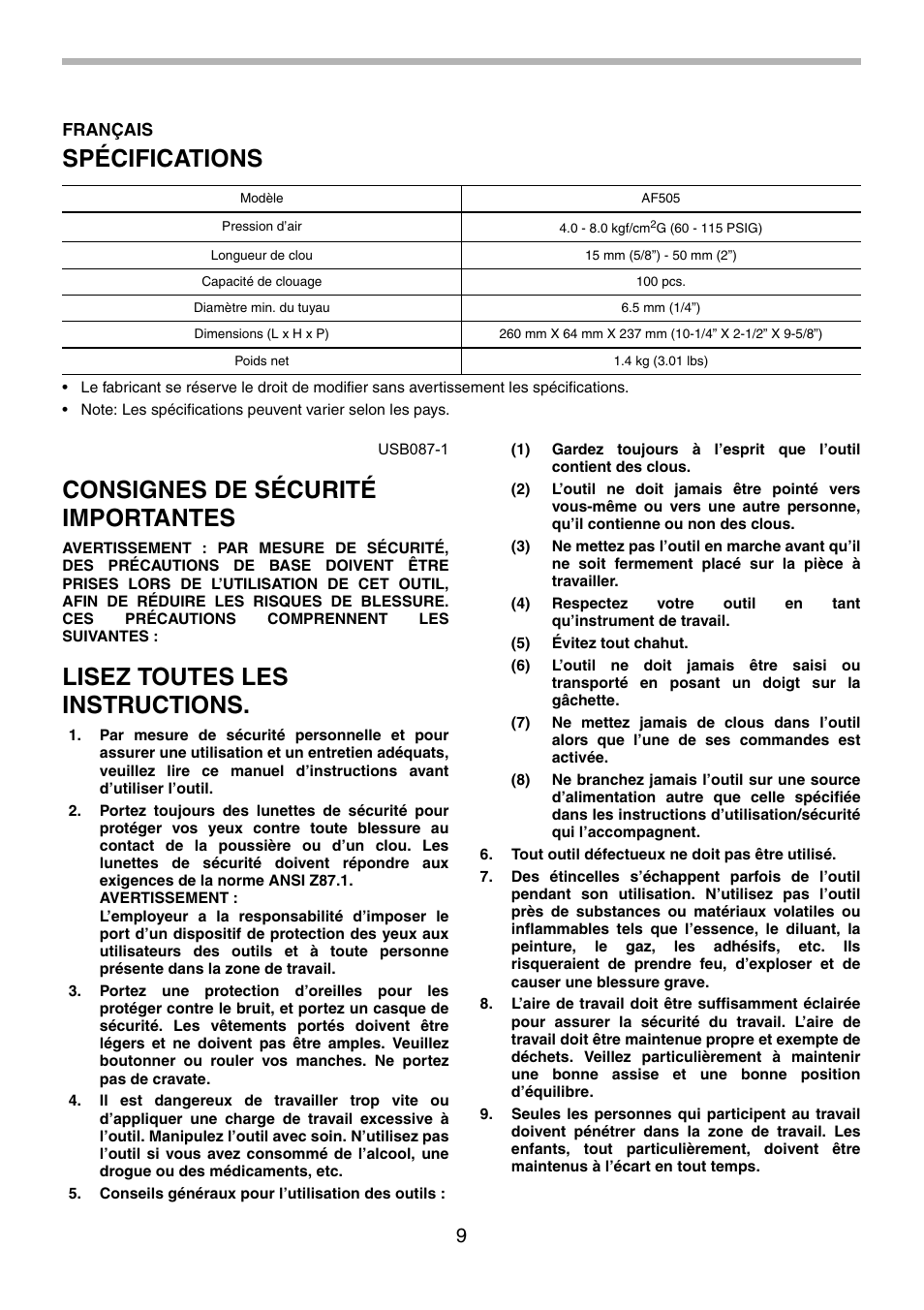 Spécifications, Consignes de sécurité importantes, Lisez toutes les instructions | Makita AF505 User Manual | Page 9 / 28