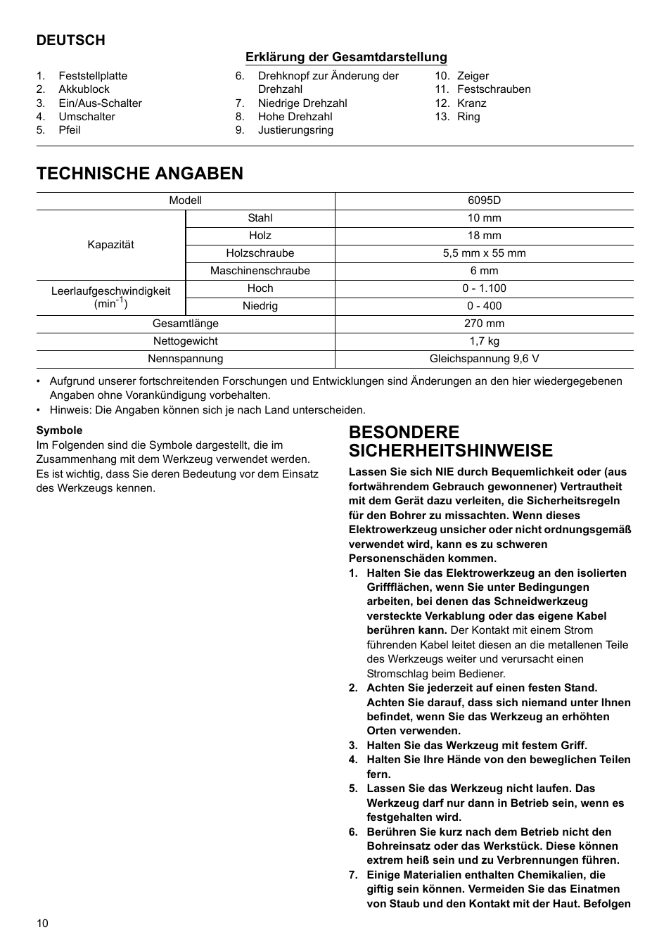 Technische angaben, Besondere sicherheitshinweise, Deutsch | Makita 6095d User Manual | Page 10 / 52