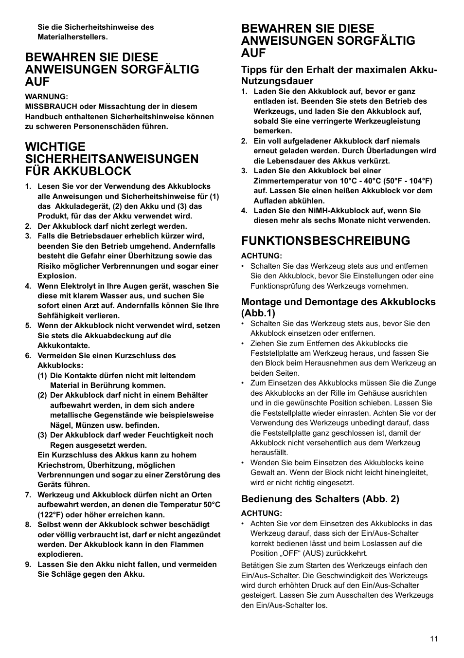 Bewahren sie diese anweisungen sorgfältig auf, Wichtige sicherheitsanweisungen für akkublock, Funktionsbeschreibung | Makita 6095d User Manual | Page 11 / 52