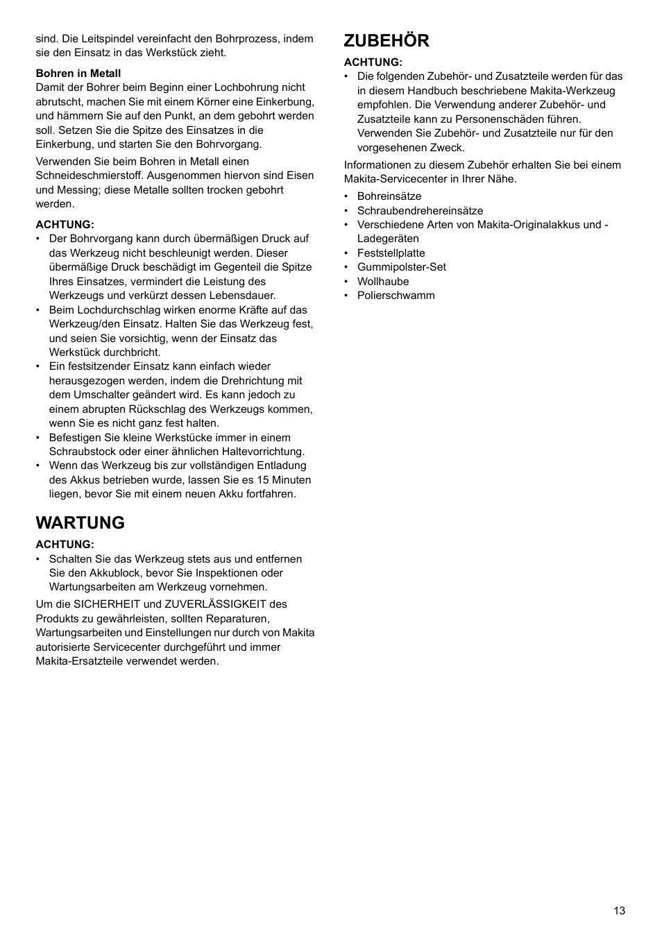 Wartung, Zubehör | Makita 6095d User Manual | Page 13 / 52