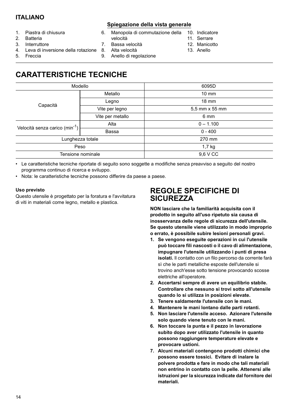 Caratteristiche tecniche, Regole specifiche di sicurezza, Italiano | Makita 6095d User Manual | Page 14 / 52