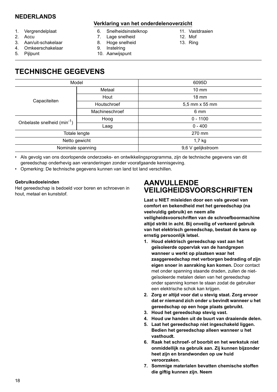 Technische gegevens, Aanvullende veiligheidsvoorschriften, Nederlands | Makita 6095d User Manual | Page 18 / 52