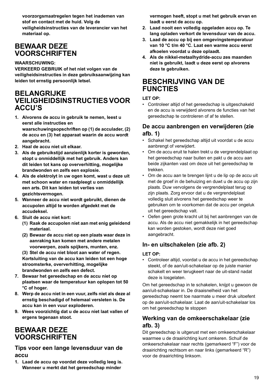 Bewaar deze voorschriften, Belangrijke veiligheidsinstructies voor accu’s, Beschrijving van de functies | Makita 6095d User Manual | Page 19 / 52