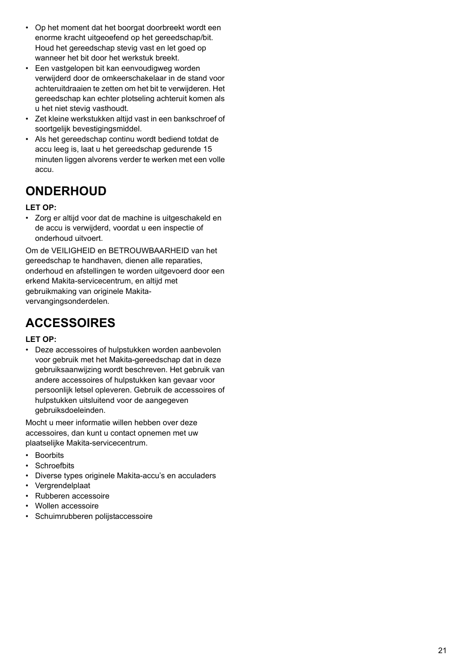 Onderhoud, Accessoires | Makita 6095d User Manual | Page 21 / 52