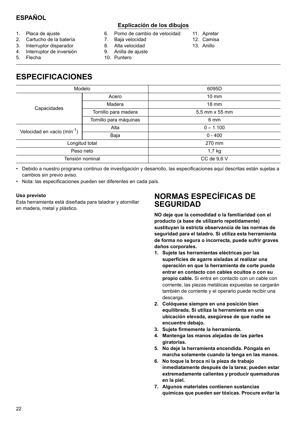 Especificaciones, Normas específicas de seguridad, Español | Makita 6095d User Manual | Page 22 / 52