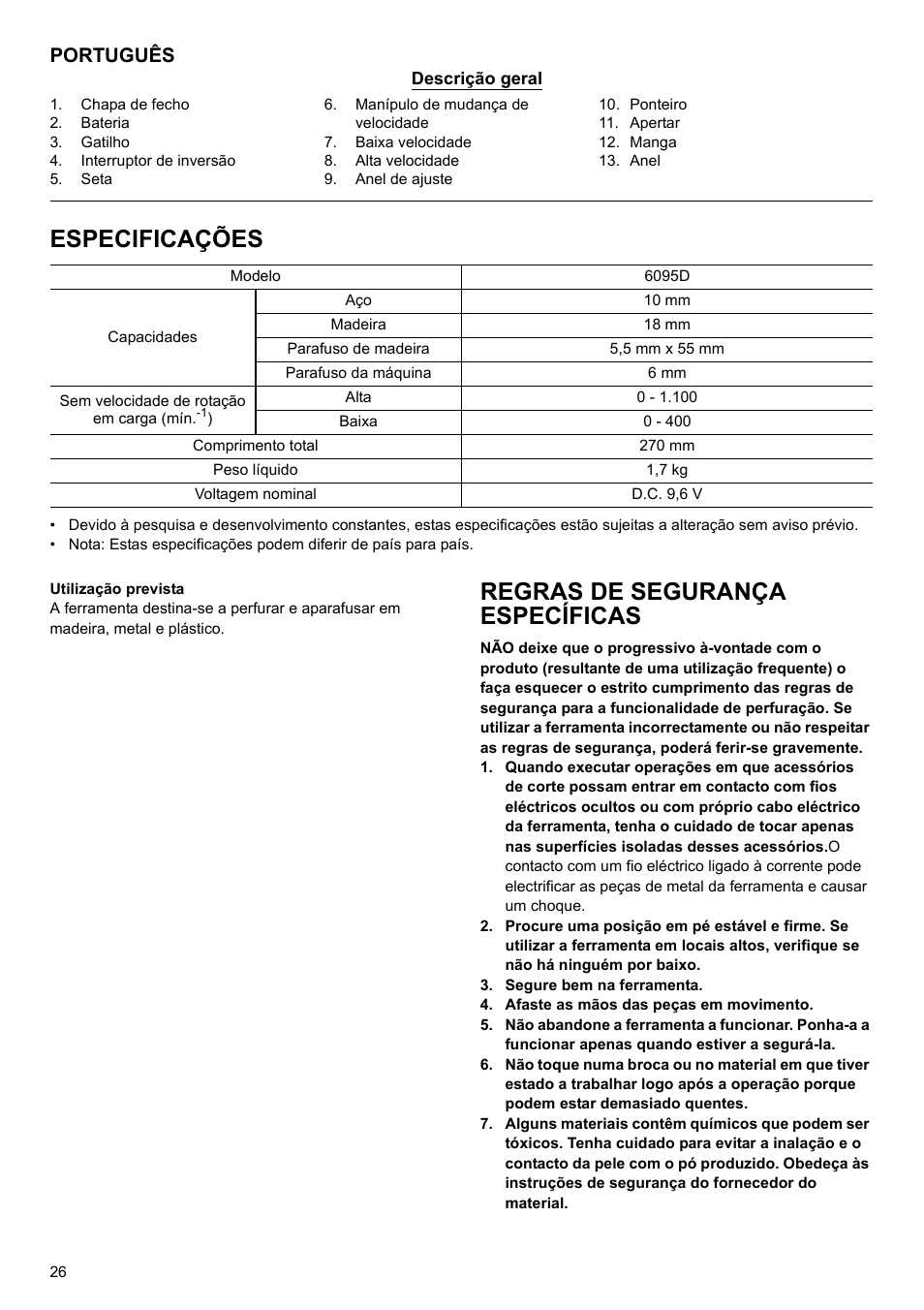 Especificações, Regras de segurança específicas, Português | Makita 6095d User Manual | Page 26 / 52