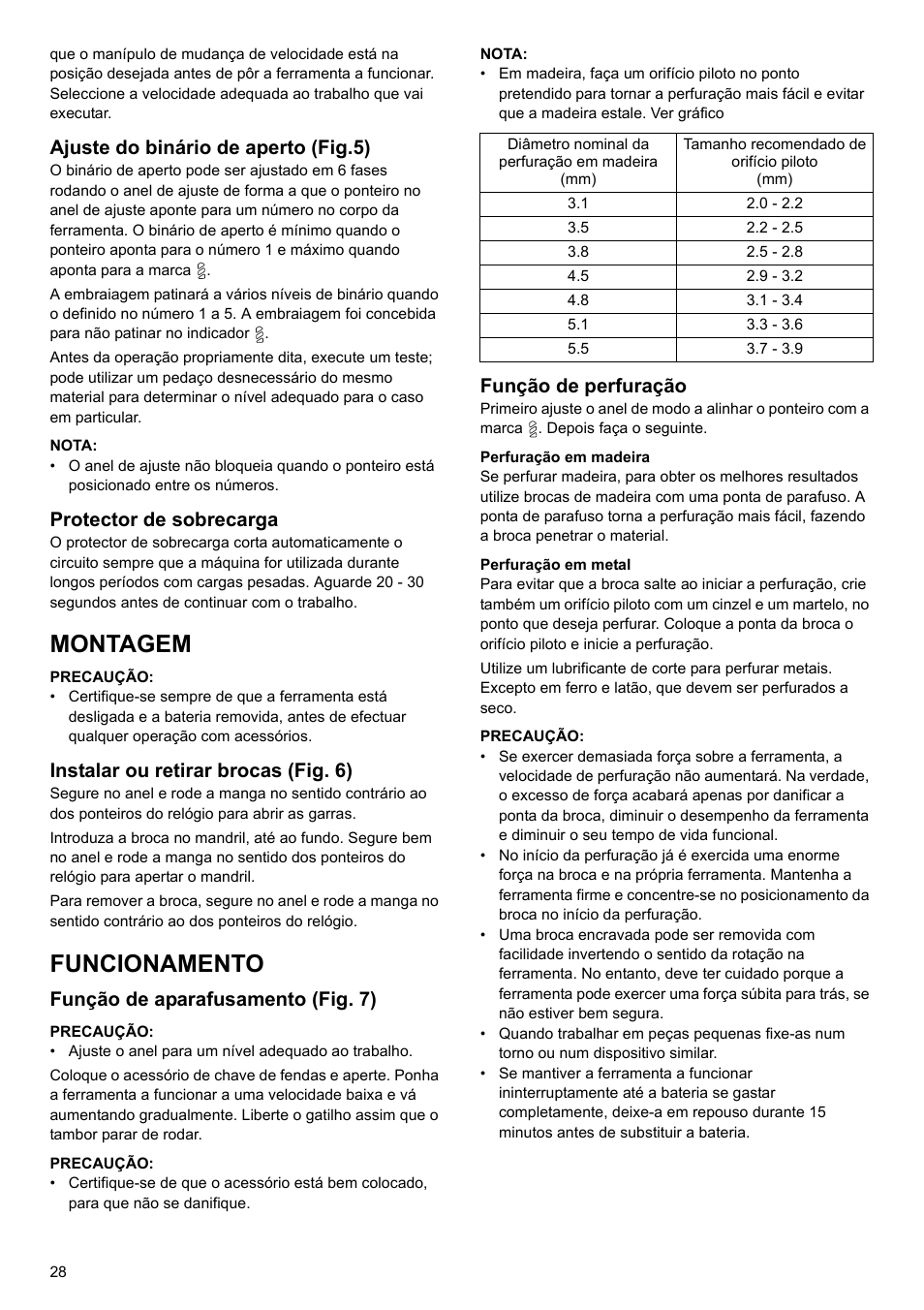 Montagem, Funcionamento, Ajuste do binário de aperto (fig.5) | Protector de sobrecarga, Instalar ou retirar brocas (fig. 6), Função de aparafusamento (fig. 7), Função de perfuração | Makita 6095d User Manual | Page 28 / 52