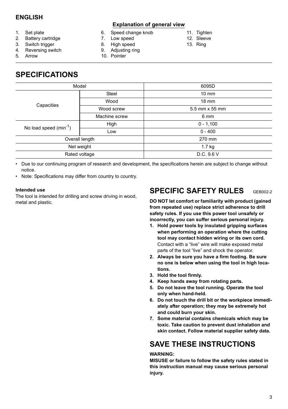 Specifications, Specific safety rules, Save these instructions | English | Makita 6095d User Manual | Page 3 / 52