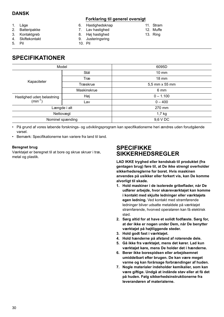 Specifikationer, Specifikke sikkerhedsregler, Dansk | Makita 6095d User Manual | Page 30 / 52