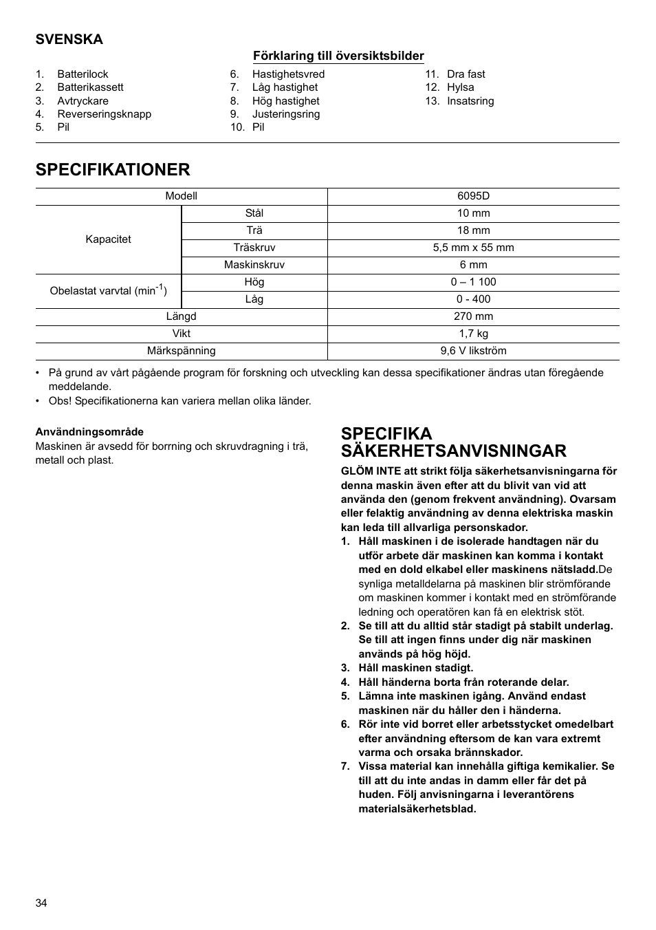 Specifikationer, Specifika säkerhetsanvisningar, Svenska | Makita 6095d User Manual | Page 34 / 52