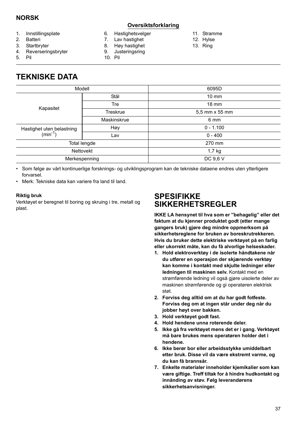 Tekniske data, Spesifikke sikkerhetsregler, Norsk | Makita 6095d User Manual | Page 37 / 52