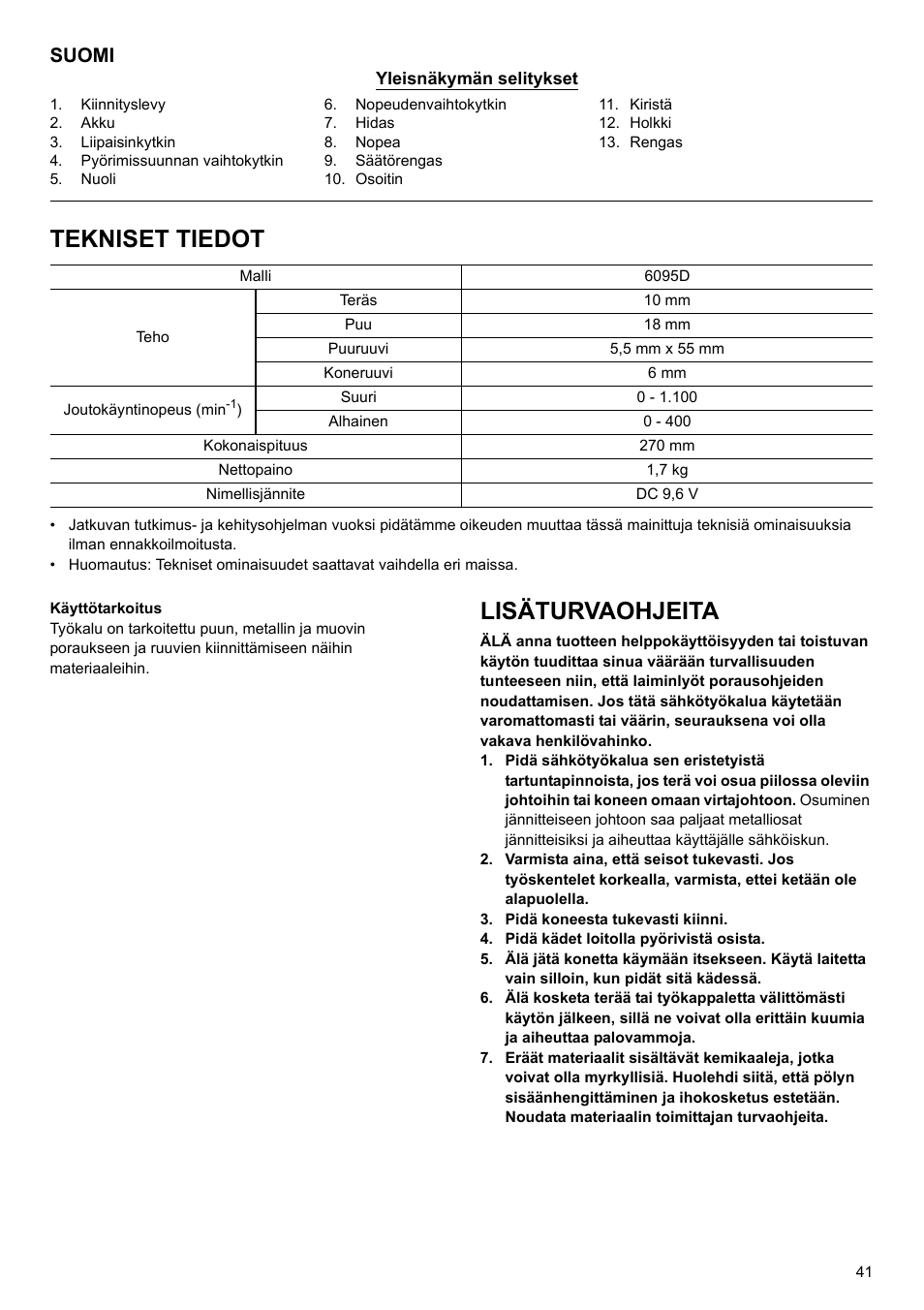 Tekniset tiedot, Lisäturvaohjeita, Suomi | Makita 6095d User Manual | Page 41 / 52