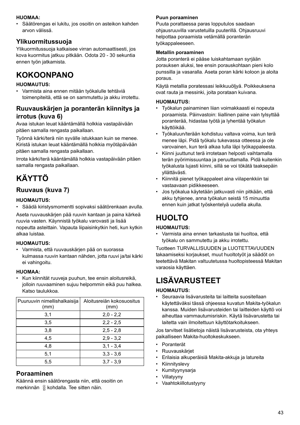 Kokoonpano, Käyttö, Huolto | Lisävarusteet, Ylikuormitussuoja, Ruuvaus (kuva 7), Poraaminen | Makita 6095d User Manual | Page 43 / 52