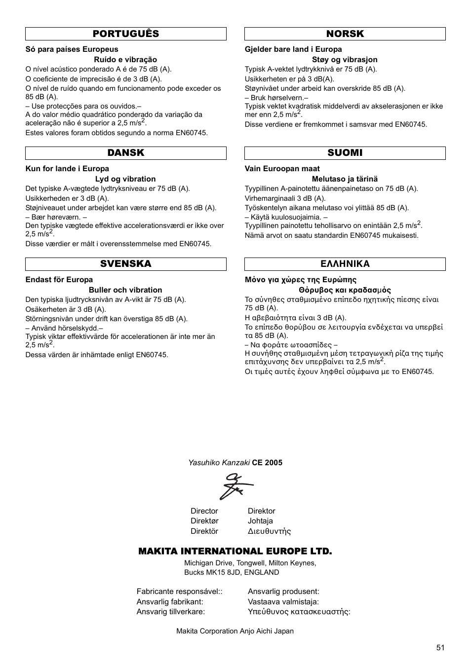 Português dansk svenska norsk suomi ελληνικα | Makita 6095d User Manual | Page 51 / 52