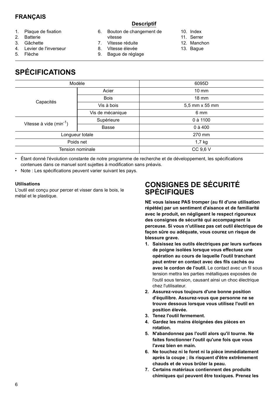 Spécifications, Consignes de sécurité spécifiques, Français | Makita 6095d User Manual | Page 6 / 52