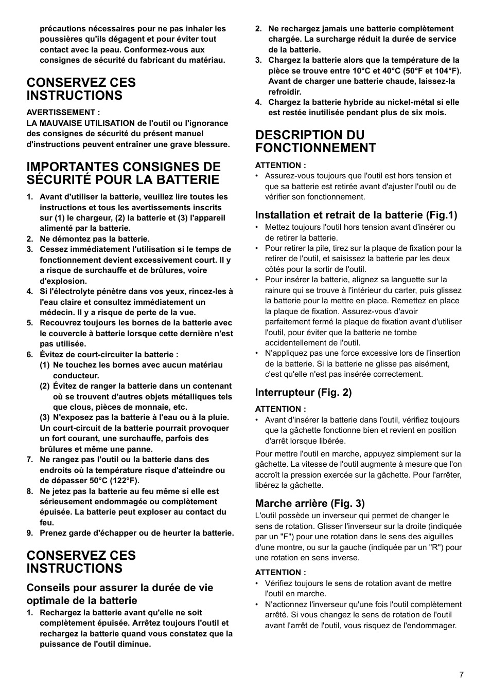 Conservez ces instructions, Importantes consignes de sécurité pour la batterie, Description du fonctionnement | Installation et retrait de la batterie (fig.1), Interrupteur (fig. 2), Marche arrière (fig. 3) | Makita 6095d User Manual | Page 7 / 52