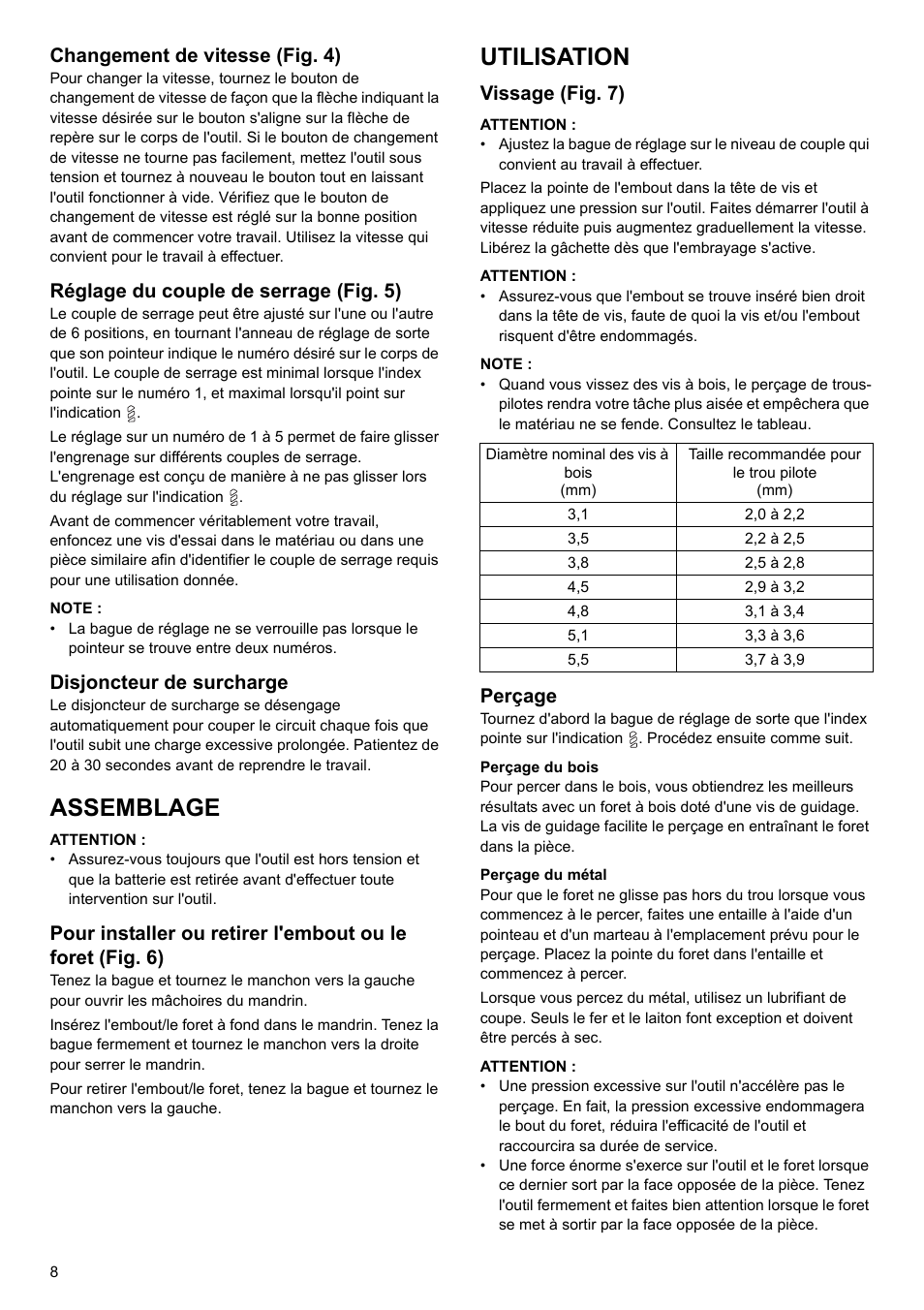 Assemblage, Utilisation, Changement de vitesse (fig. 4) | Réglage du couple de serrage (fig. 5), Disjoncteur de surcharge, Vissage (fig. 7), Perçage | Makita 6095d User Manual | Page 8 / 52