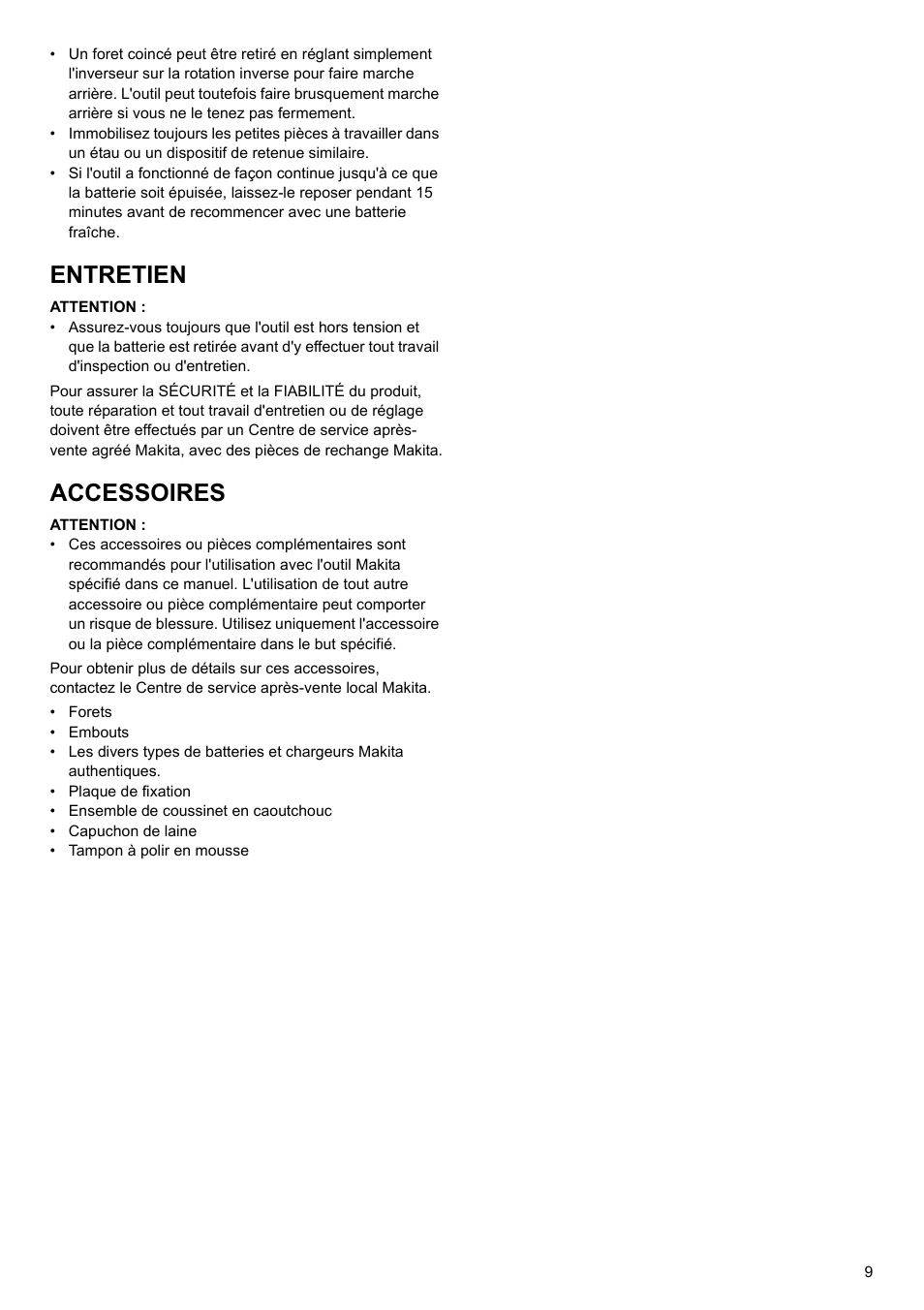 Entretien, Accessoires | Makita 6095d User Manual | Page 9 / 52