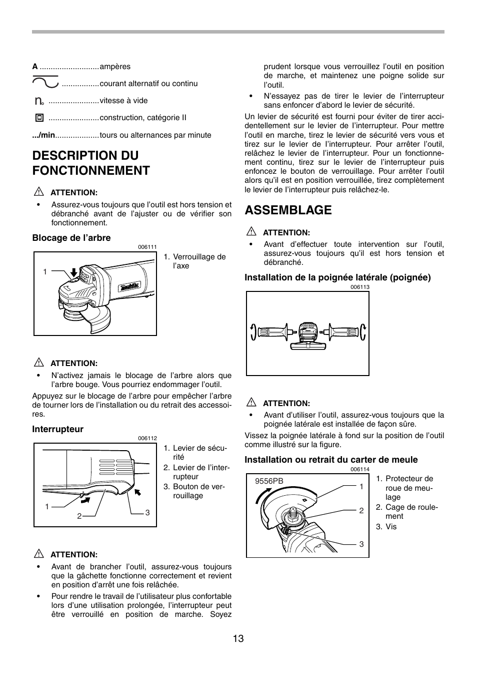 Description du fonctionnement, Assemblage | Makita 9556PB User Manual | Page 13 / 28