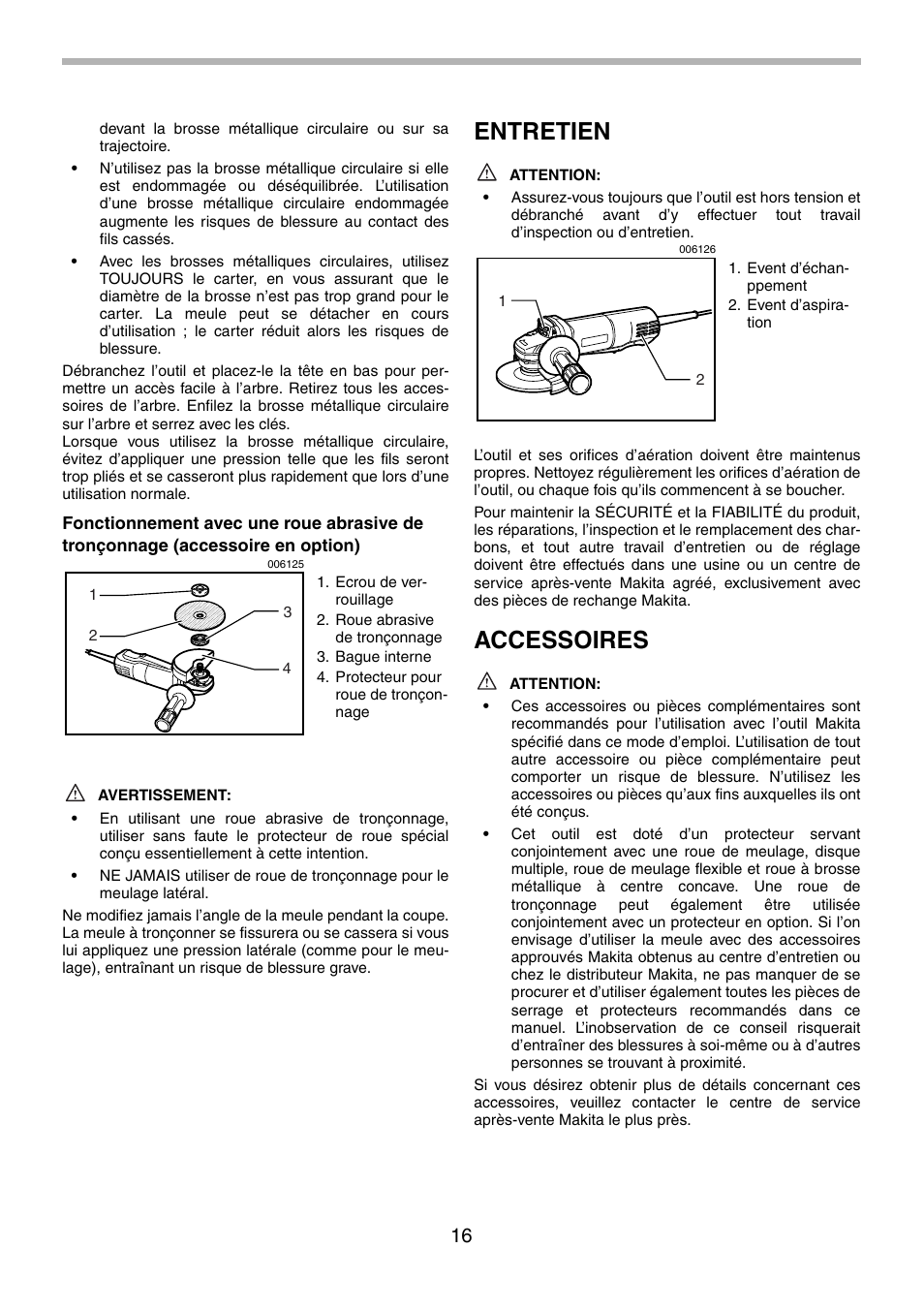 Entretien, Accessoires | Makita 9556PB User Manual | Page 16 / 28