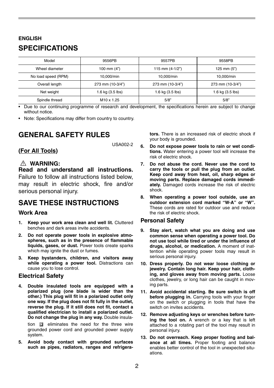 Specifications, General safety rules, Save these instructions | Work area, Electrical safety, Personal safety | Makita 9556PB User Manual | Page 2 / 28