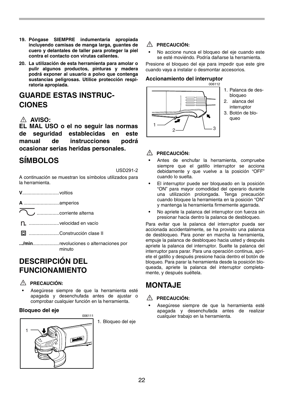 Guarde estas instruc- ciones, Símbolos, Descripción del funcionamiento | Montaje | Makita 9556PB User Manual | Page 22 / 28