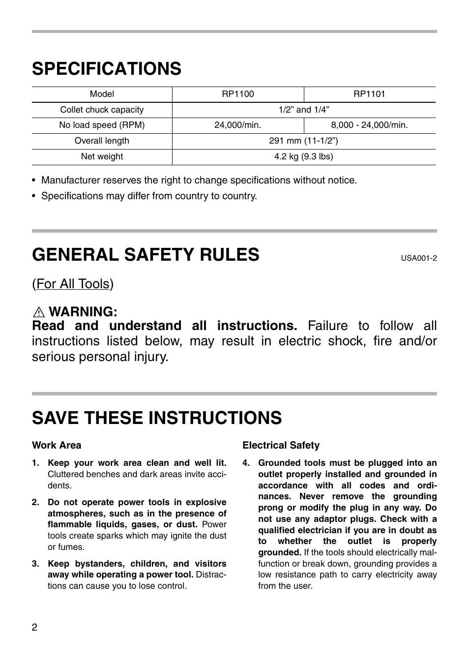 Specifications, General safety rules, Save these instructions | Makita RP1101 User Manual | Page 2 / 20